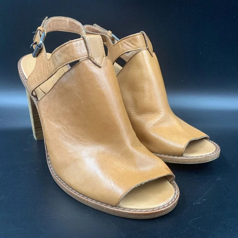 Madewell Sylvain Leather Peep Toe Heeled Mules Brown with Buckle Slingback Sz 10 - Picture 1 of 8